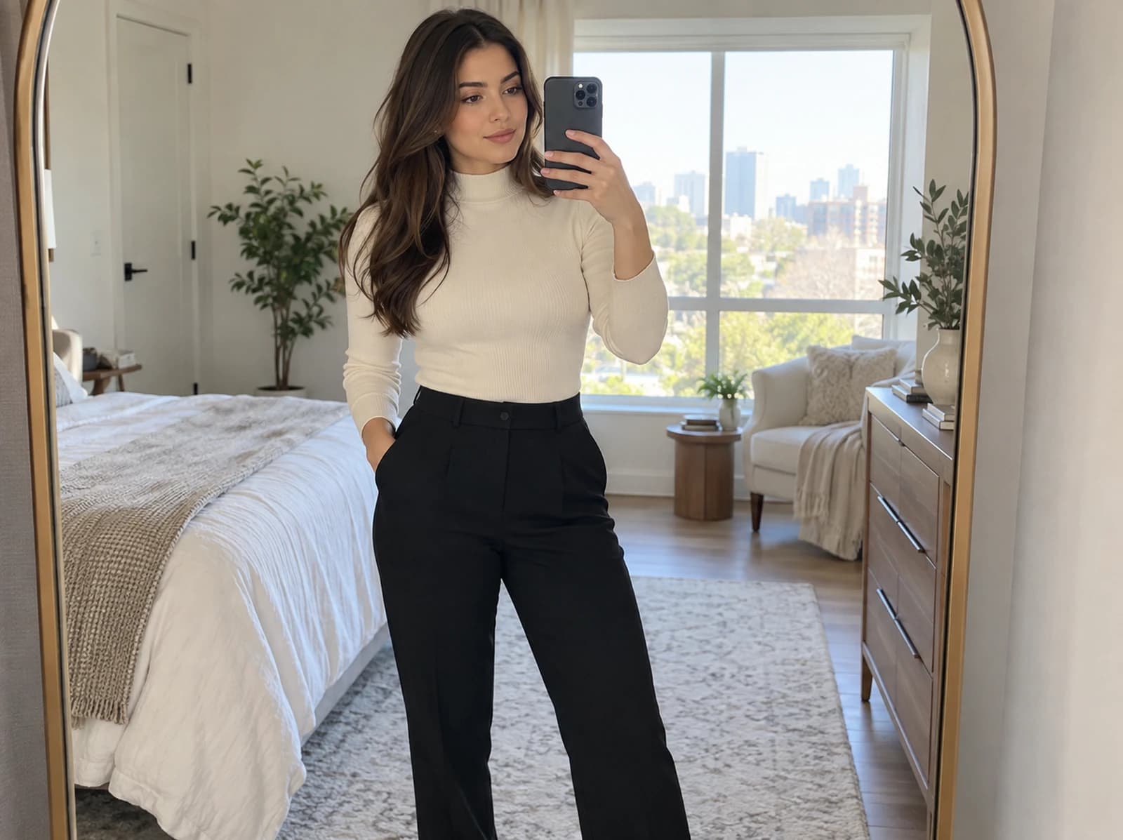 Mirror selfie using even front window lighting