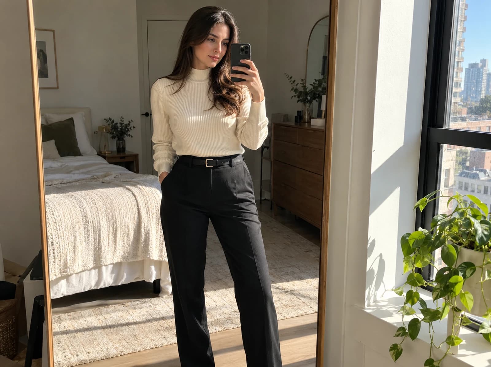 Mirror selfie using strong side window lighting