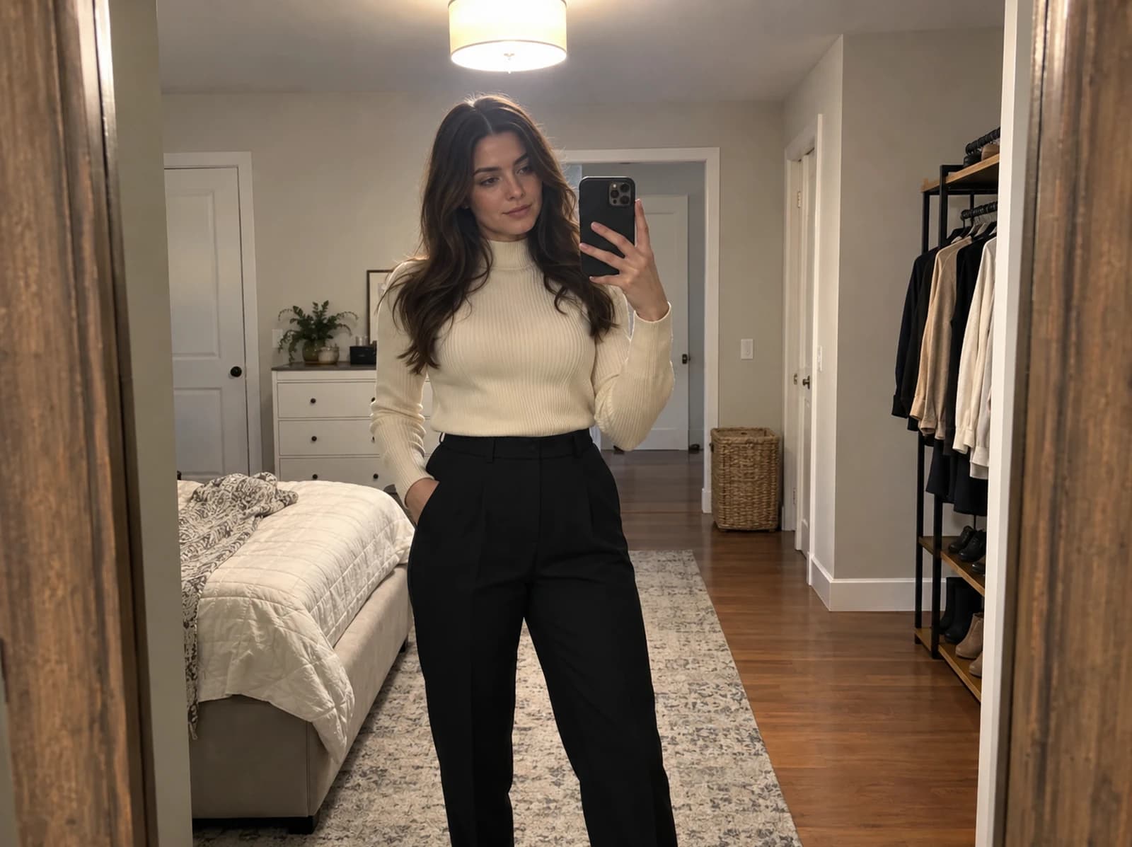 Mirror selfie using only overhead bathroom lighting